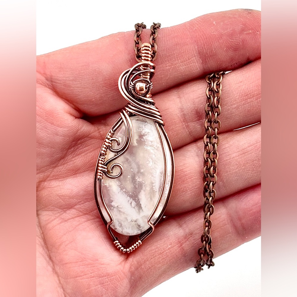 HANDNADE Plume Agate Copper Wire Wrapped Pendant Necklace, Artisan Jewelry Gift